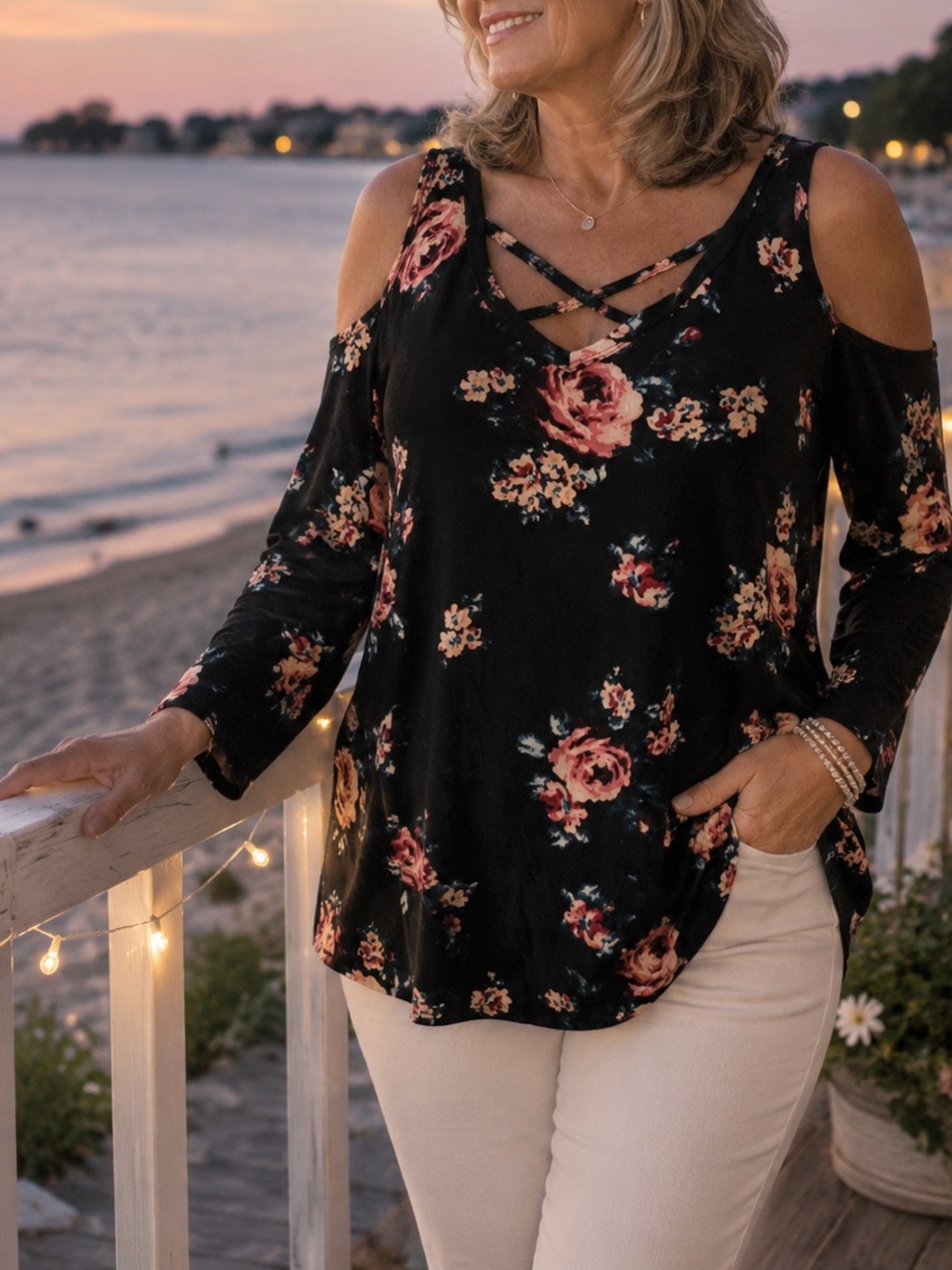 George Black Floral Cold Shoulder Top Size 1X Long Sleeve Crisscross Neck